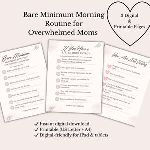 Puede incluir: Tres páginas imprimibles con un diseño minimalista, que ofrecen rutinas matutinas y afirmaciones para madres agobiadas. Las páginas presentan tonos rosa y gris suaves, con texto escrito a mano e ilustraciones de corazones.