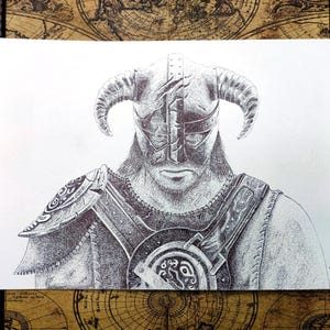 May include: A detailed black and white drawing of a warrior wearing a horned helmet and armor. The artwork is rendered with intricate dot shading, capturing the textures of the helmet, armor, and the warrior's facial features. The drawing is on white paper.