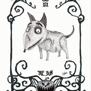 May include: A black and white illustration of a dog with stitches, reminiscent of a Tim Burton character. The image is framed with decorative swirls and the text "THE SUN" and "XIX". A carved pumpkin is at the bottom.