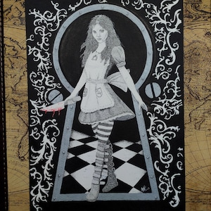 May include: A monochrome illustration of a girl in a keyhole frame, inspired by Alice in Wonderland. The girl is in a white dress, apron, and striped stockings, holding a bloody knife. The background features a map.