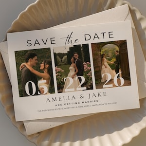 Modèle "Retenez cette date" avec photos | Faire-part de mariage en toile modifiable | Invitation minimaliste et élégante | Modèle numérique photo « Save the Date »