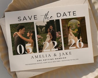 Save The Date Template with Photos | Editable Canva Wedding Invite | Minimalist & Elegant Invite | Photo Save the Date Digital Template