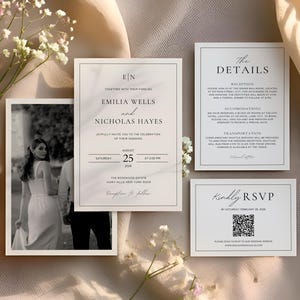Wedding Invitation Bundle | Elegant Invitation Set with QR Code, RSVP, Details Card | Monogram Wedding Invite Set, Canva Template | #EC