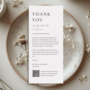 Tarjeta de agradecimiento de boda con código QR / Plantilla de Canva editable / Nota de bienvenida / Servilleta de agradecimiento para el menú de boda / Carta de agradecimiento para el menú de boda / #SC