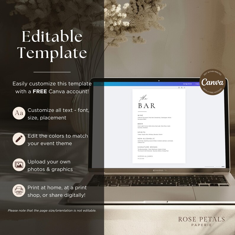 Wedding Bar Menu Sign | Editable Canva Template | Minimalist Bar Menu Sign | Elegant Wedding Drinks Menu | Signature Drink Sign | #SC image 7