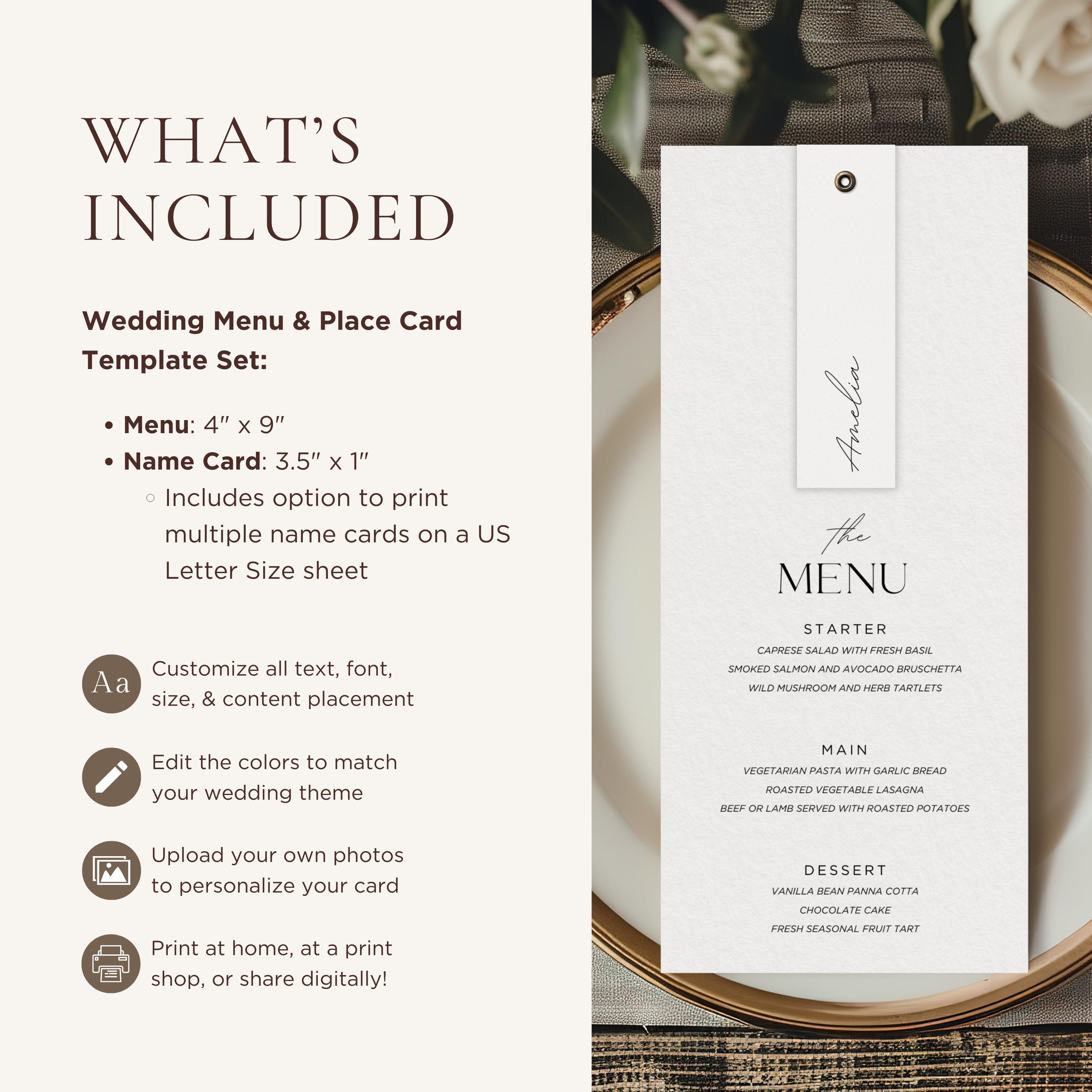 Wedding Menu & Place Card Template Set | Editable Canva Template ...