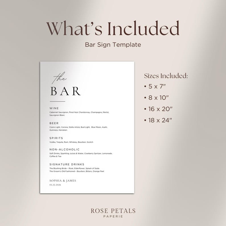 Wedding Bar Menu Sign | Editable Canva Template | Minimalist Bar Menu Sign | Elegant Wedding Drinks Menu | Signature Drink Sign | #SC image 4