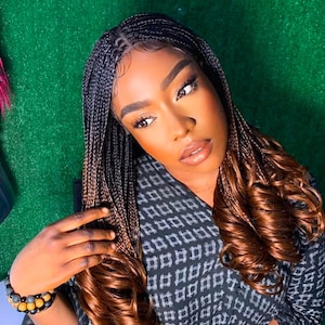 18inches French Curls Wig, Braided Wigs for Black Women, Curly Ends Braided Wig, Two-Tone Knotless Box Braids Wig for Women,