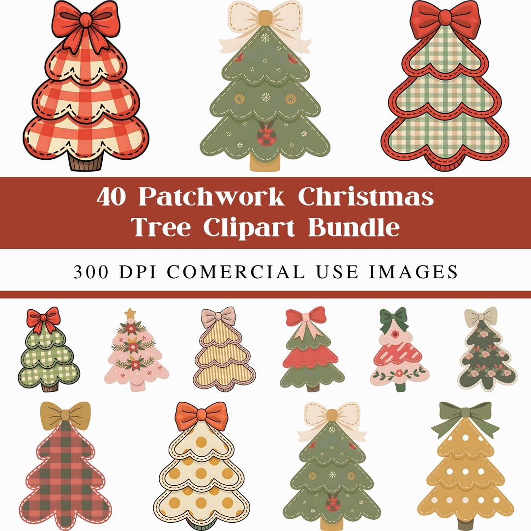 Patchwork Tree Drawing Patchwork Christmas Tree Clipart Bundle, Quilted Clipart Xmas Trees ...