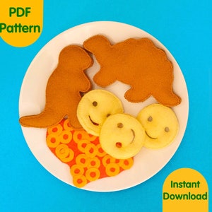 Patrón de costura digital de comida de fieltro / Nuggets de dinosaurio / Sonrisas de patata / Espaguetis / Juego de rol para niños / Cocina / PDF / Educativo