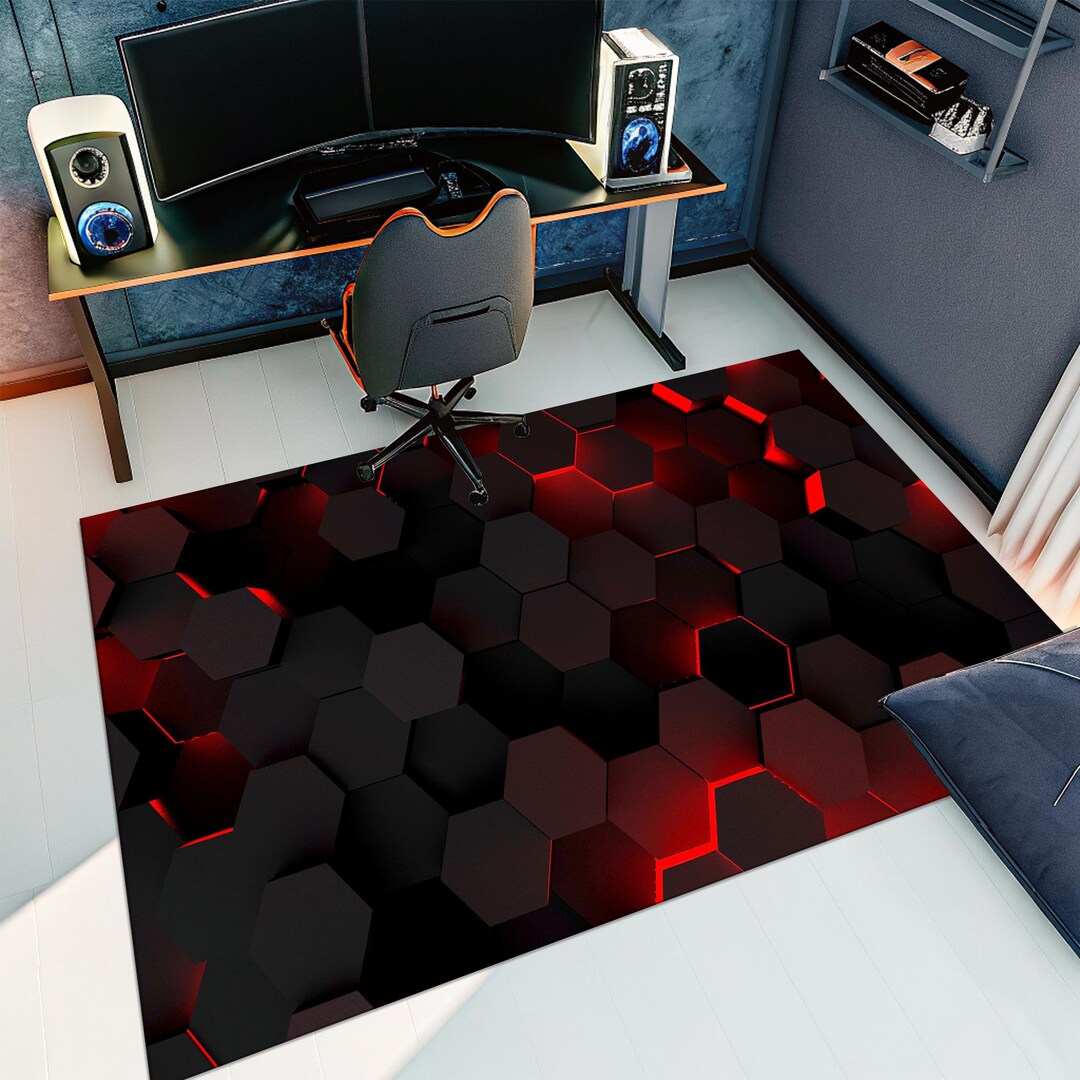 Red Hexagon Rug, Neon Rug, Gamer Rug,geometric Rug,gaming Rug,game Rug ...