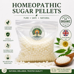 May include: A clear plastic bag filled with small white homeopathic sugar pellets, featuring a circular label with the text Root and Branch Homeopathy. The bag is surrounded by icons and text including Certified Organic and Pure Safe Natural.