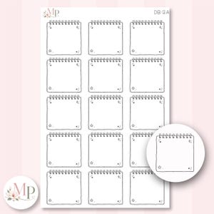 May include: A sticker sheet featuring fifteen identical square notepad illustrations with spiral bindings at the top. Each notepad has a hand-drawn outline, small star and heart accents in the corners, and the text DB-2A in the top right corner.