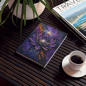 Celestial Lotus Hard Backed Journal, Cosmic Notebook, Spiritual Diary, Gift for Writers, Art Lovers, Dreamers, Blank/Graph/Lined, 5.2"x7.4"