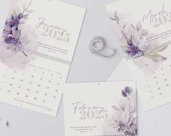 24 Bible Verses | 2025 Scripture Wall Calendar | Elegant Purple Pastel Tone Flower Design | 11&quot; x 8.5&quot; or 14&quot; x 11.5&quot; | Spiral Bound