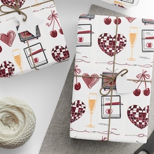 Love TV Gift Papers, Carta da regalo romantica in stile retrò, San Valentino, Anniversario, Ciliegie, Bicchieri da champagne, Fiocchi regalo, Disegnati a mano