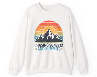 Chasing Sunsets and Summits Sweatshirt, Retro Mountain Sunset Graphic Crewneck, Unisex Pullover, Gildan 18000