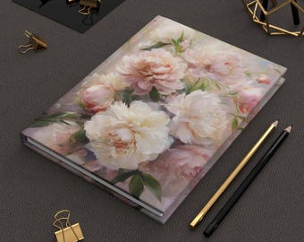 Pastel Peony Hardcover Journal Elegant Floral Design Writing Book Gift for Writers Flower Lovers Journaling Notebooks Matte Laminated Cover