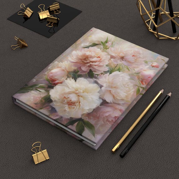 Pastel Peony Hardcover Journal Elegant Floral Design Writing Book Gift for Writers Flower Lovers Journaling Notebooks Matte Laminated Cover