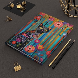 Carnet cartonné chat fantaisiste, fantaisie florale, carnet ligné, cadeau pour les amoureux des chats, chat coloré avec des fleurs, journal artistique, journal intime mat