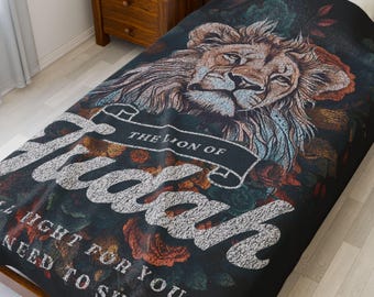 Lion of Judah Velveteen Plush Blanket, Religious Christian Throw, Scripture Floral Graphic, 3 Sizes
