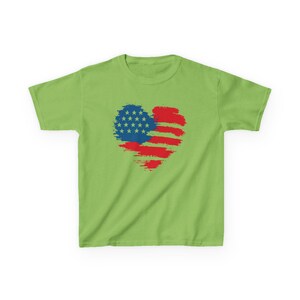 Patriotic Kid Cotton Tee USA Heart T-Shirt Independence Day Clothing American Pride Gift Memorial Day Outfit Family Reunion Top Gildan 5000B Lime