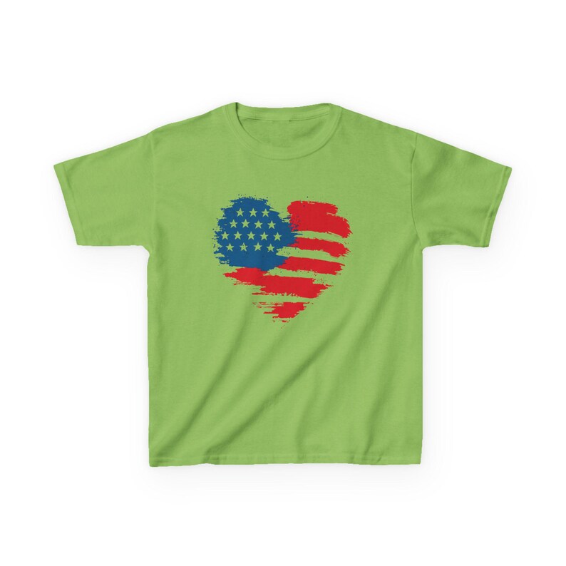 Patriotic Kid Cotton Tee USA Heart T-Shirt Independence Day Clothing American Pride Gift Memorial Day Outfit Family Reunion Top Gildan 5000B Lime