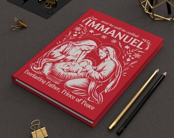 Immanuel Red Hardcover Journal, Christmas Nativity Notebook, Religious Holiday Diary, Faithful Prayer Log, Lined Pages, 5.75"x8"