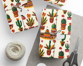 May include: Three sheets of wrapping paper with a cactus and sombrero pattern. The paper is white with green, red, yellow, and brown cacti and sombreros.