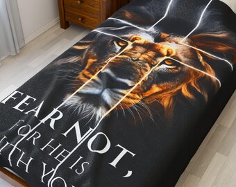 Lion of Judah "Fear Not, For He Is With You" Fluwelen pluche deken, zacht en opvallend plaid, christelijk cadeau, klein 30" x 40" of groot 60" x 80"