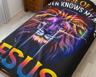 Colorful Lion of Judah & Jesus Cross Velveteen Plush Blanket, Because of Him Heaven Knows My Name Christian Faith Throw, 3 Sizes