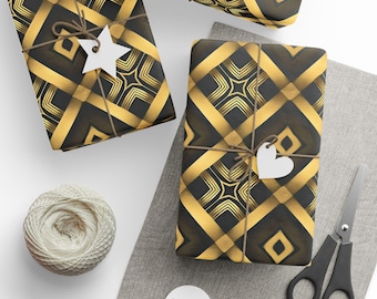 May include: Three wrapped gifts with a black and gold geometric pattern, tied with twine and white tags. A ball of twine, scissors, and blank tags are also present, suggesting a gift-wrapping theme.