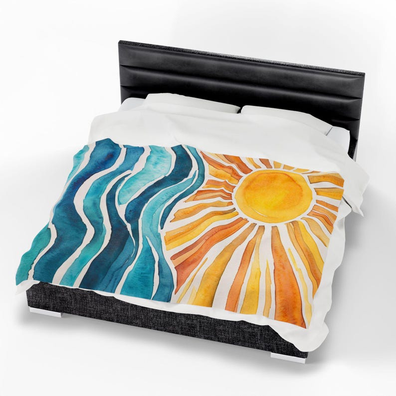 Sunrise Waves fluwelen pluche deken, gezellige strandscène plaid, zomerdecor, cadeau voor strandliefhebbers, ultrazachte pluche deken, 2 maten afbeelding 6