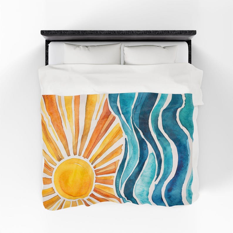 Sunrise Waves fluwelen pluche deken, gezellige strandscène plaid, zomerdecor, cadeau voor strandliefhebbers, ultrazachte pluche deken, 2 maten afbeelding 8