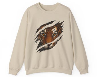 Tiger Gesicht durch Klauen Rips Sweatshirt, Realistische Wildtier Grafik Rundhalsausschnitt, Unisex Gildan 18000