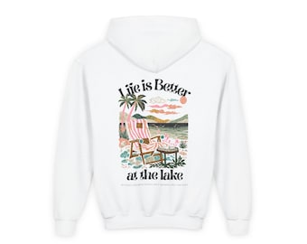 Life is Better at the Lake Kids Hoodie, Lake Scene Palm Chair Design Youth Hooded Sweatshirt, Unisex Gildan 18500B