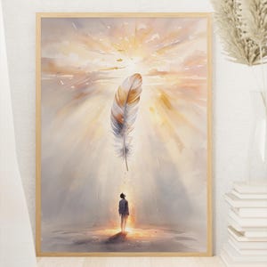 Texturiertes Aquarell Matte Poster, Feder und Mann Druck, Gelassene, Friedliche Pastell Kunst, Ätherische Strahlende Wanddekoration, Weiches, hoffnungsvolles Kunstwerk