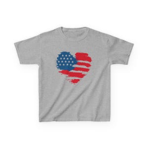 Patriotic Kid Cotton Tee USA Heart T-Shirt Independence Day Clothing American Pride Gift Memorial Day Outfit Family Reunion Top Gildan 5000B Sport Grey