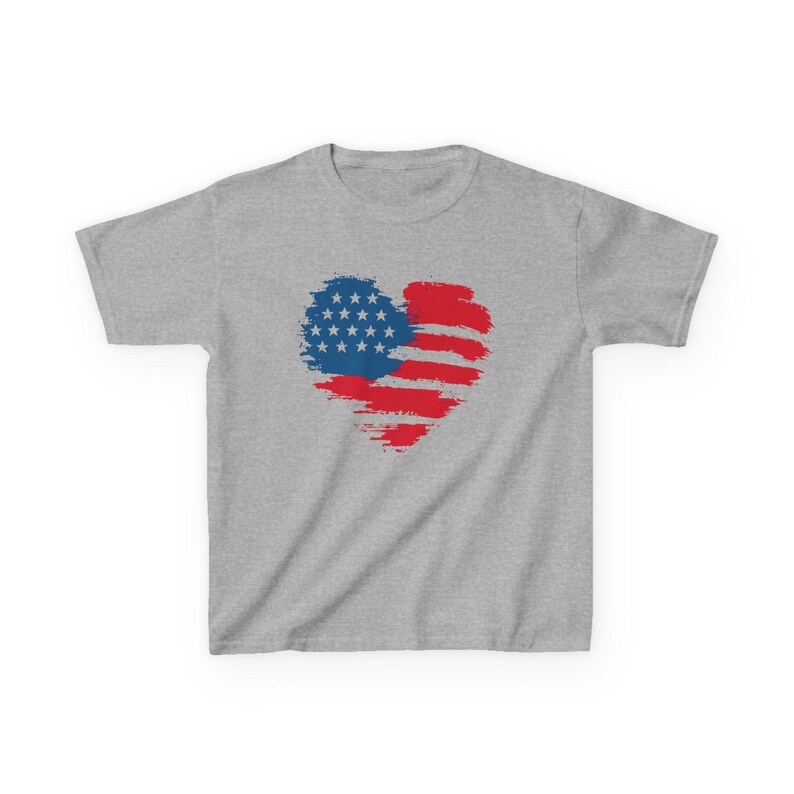 Patriotic Kid Cotton Tee USA Heart T-Shirt Independence Day Clothing American Pride Gift Memorial Day Outfit Family Reunion Top Gildan 5000B Sport Grey