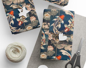 Oriental Koi Wrapping Paper, Asian Traditional Art Theme Inspired Gift Wrap, Birthday, Wedding, Holiday Packaging, Matte or Glossy Finish