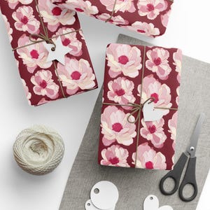 Carta da regalo con peonie color crema e bordeaux, affascinante carta da regalo floreale per tutte le occasioni, fai da te, finitura opaca o lucida, 3 misure
