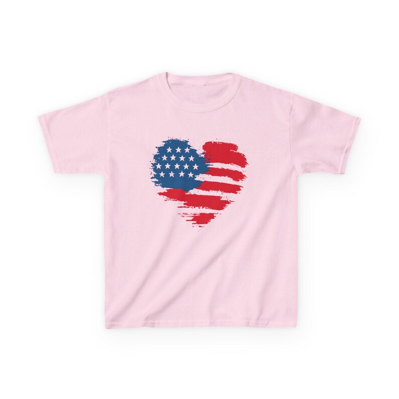 Patriotic Kid Cotton Tee USA Heart T-Shirt Independence Day Clothing American Pride Gift Memorial Day Outfit Family Reunion Top Gildan 5000B Light Pink