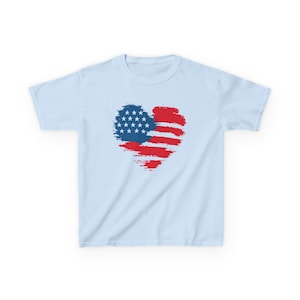 Patriotic Kid Cotton Tee USA Heart T-Shirt Independence Day Clothing American Pride Gift Memorial Day Outfit Family Reunion Top Gildan 5000B Light Blue