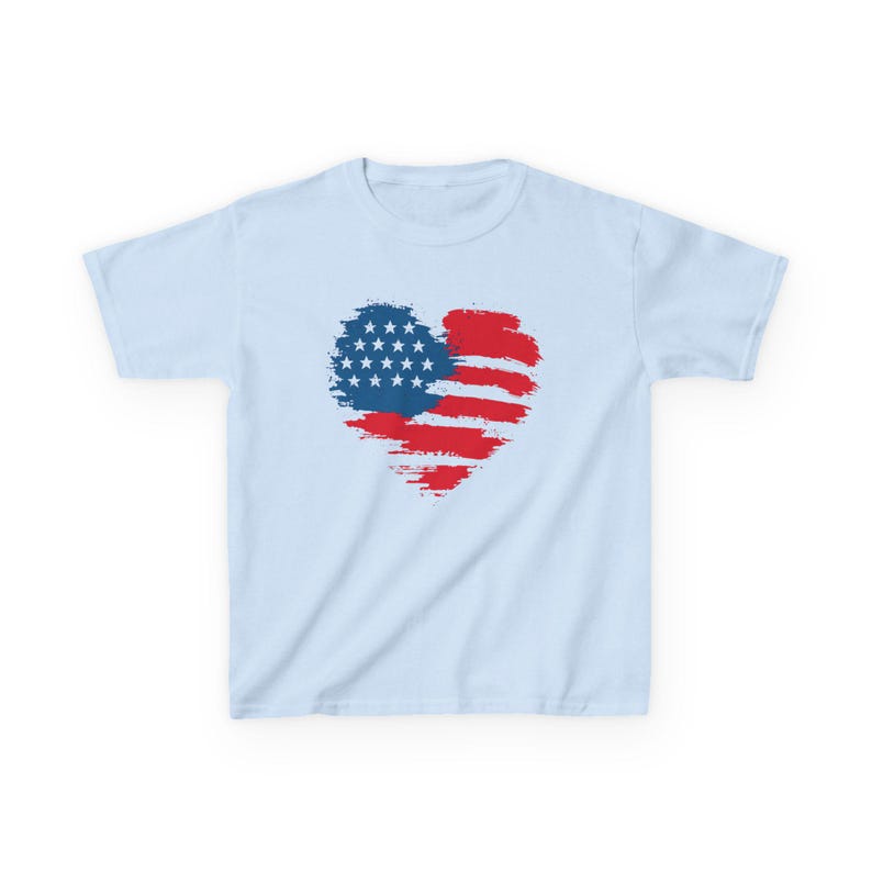 Patriotic Kid Cotton Tee USA Heart T-Shirt Independence Day Clothing American Pride Gift Memorial Day Outfit Family Reunion Top Gildan 5000B Light Blue