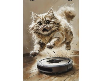 Rolled Poster, Funny Cat with Vacuum Wall Art, Unique Home Decor for Cat Lovers, Pet Lovers Gift, Cute Kitten Illustration, Humorous Print