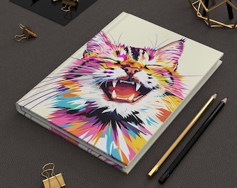Bunt lächelnde Katze Hardcover-Notizbuch, Lebendiges Katzen-Hardcover-Notizbuch, Geschenk für Katzenliebhaber, Haustierleben-Tagebuch, Matte Oberfläche, Handlich 5,75 "x 8"