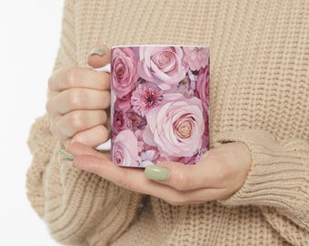Personalized Pink Roses Ceramic Mug: Watercolor Floral Design