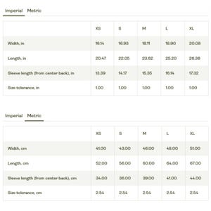 May include: Size chart for clothing with measurements in inches and centimeters. The chart shows the width, length, sleeve length, and size tolerance for sizes XS, S, M, L, and XL.