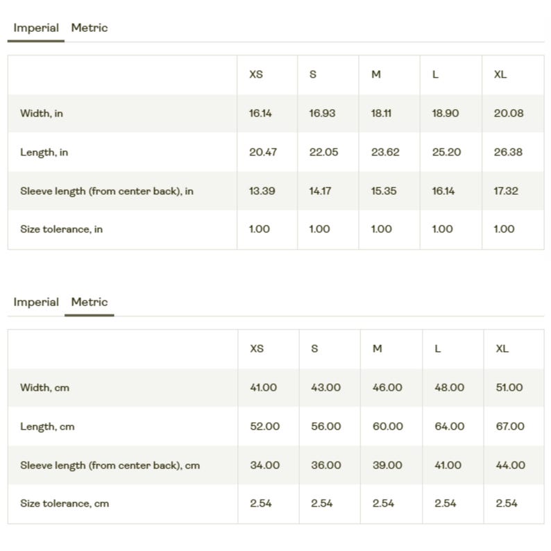 May include: Size chart for clothing with measurements in inches and centimeters. The chart shows the width, length, sleeve length, and size tolerance for sizes XS, S, M, L, and XL.