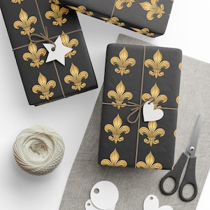 Elegant Gold Fleur-de-Lis Gift Wrap, Luxe Wrapping Paper, Gold and Black Design for Birthday, Holiday, Weddings, Parties, Matte or Glossy